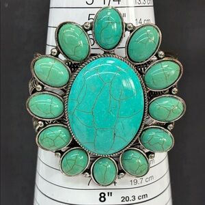 Faux Turquoise Silver Tone Statement Cuff Bracelet